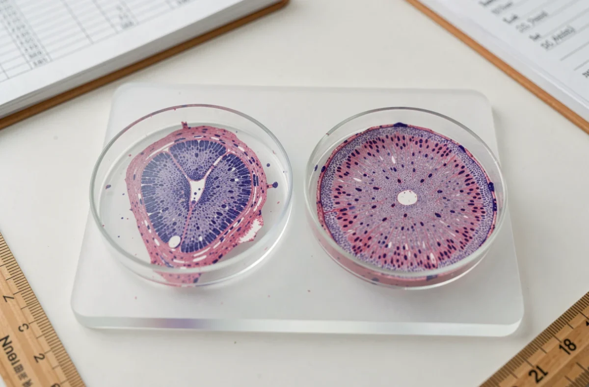 Vue macro de deux lames histologiques colorées HE côte à côte sur table lumineuse montrant coupes longitudinale et transversale