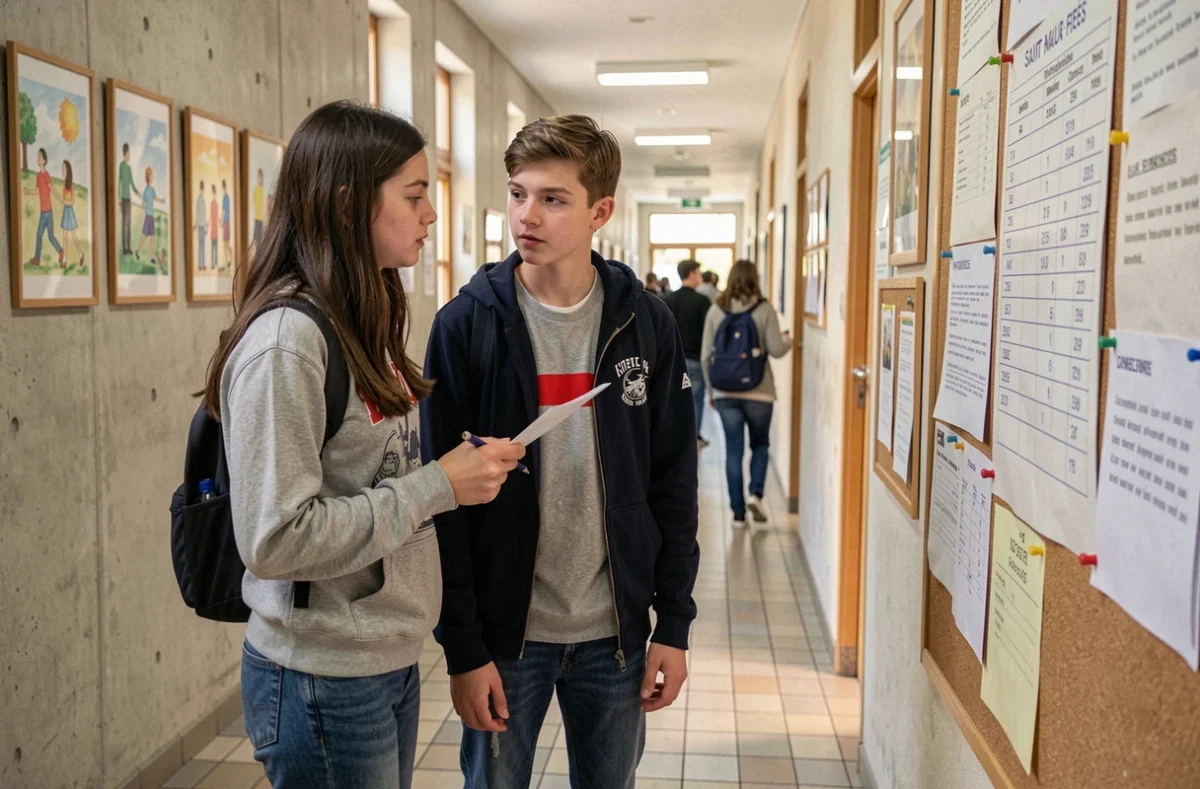 Deux élèves consultant un panneau d'affichage dans le couloir du lycée polyvalent Condorcet à Saint-Maur-des-Fossés