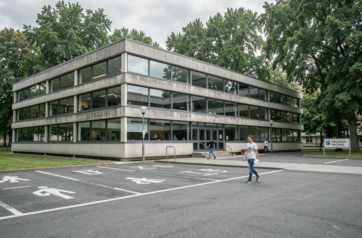 Façade moderniste du lycée public Hector Berlioz à Vincennes avec des élèves traversant le parvis