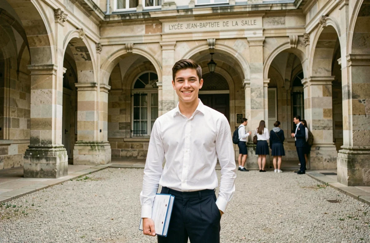 Élève en alternance dans la cour historique du Lycée Jean-Baptiste de La Salle à Saint-Denis