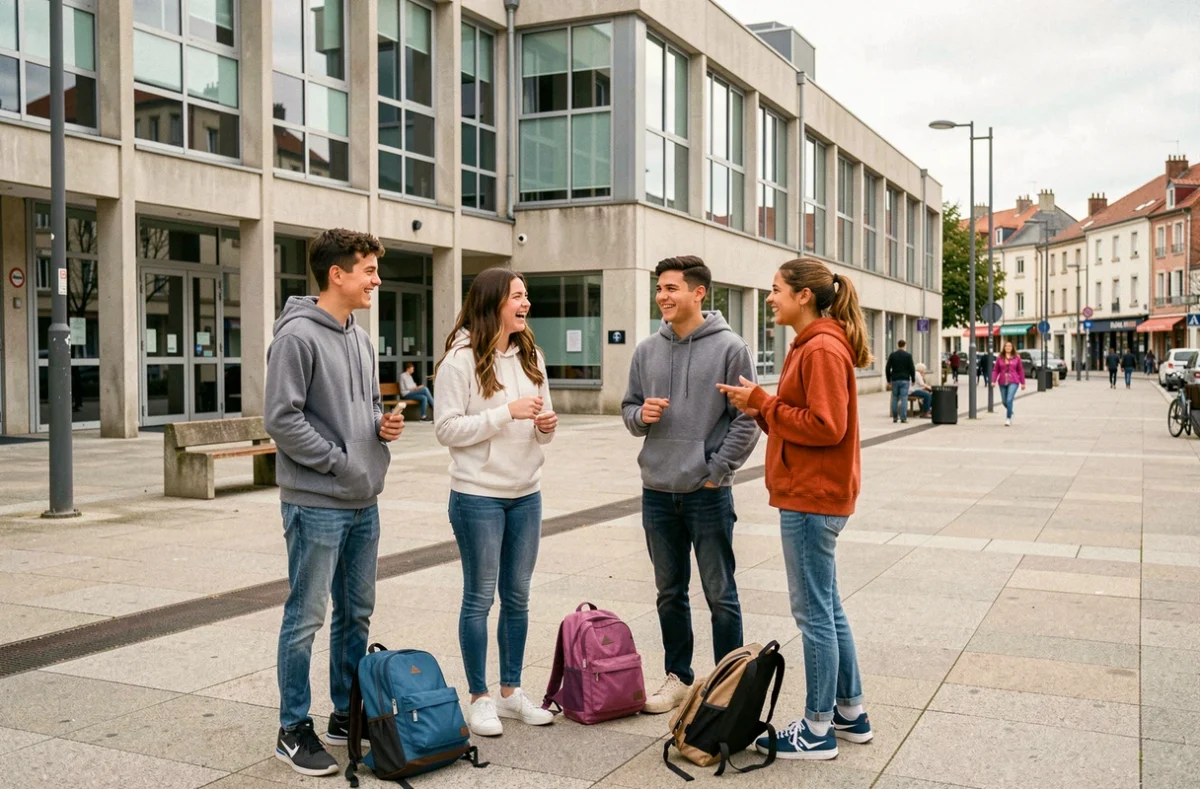 Groupe d'élèves devant le lycée polyvalent Jean Macé à Vitry-sur-Seine après les cours