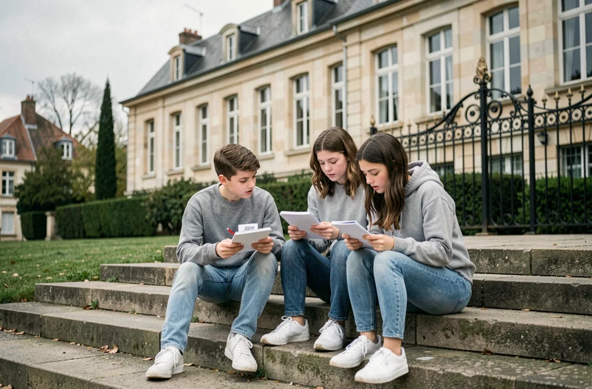 Groupe d'élèves assis sur les marches du lycée privé Montalembert à Nogent-sur-Marne