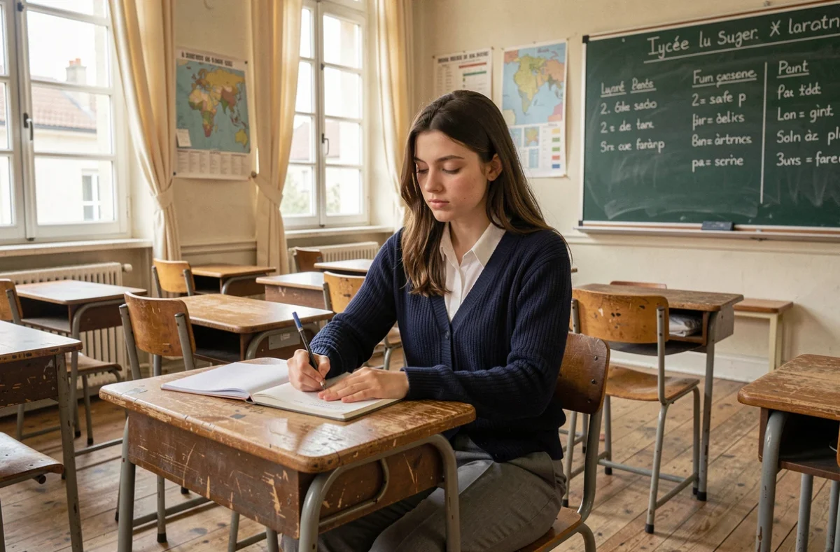 Lycéenne en alternance prenant des notes dans une salle de classe traditionnelle du Lycée Suger à Saint-Denis