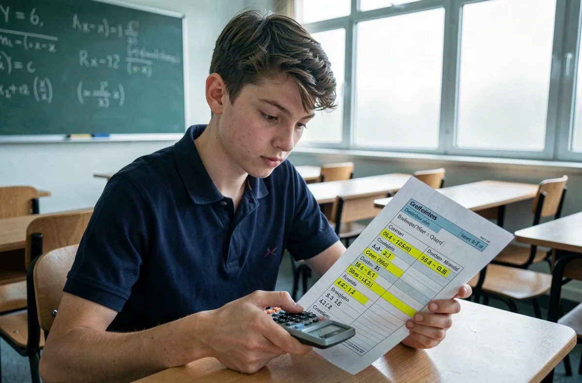 Lycéen utilisant une calculatrice scientifique pour calculer sa moyenne avec coefficients sur un bulletin scolaire imprimé en salle de classe