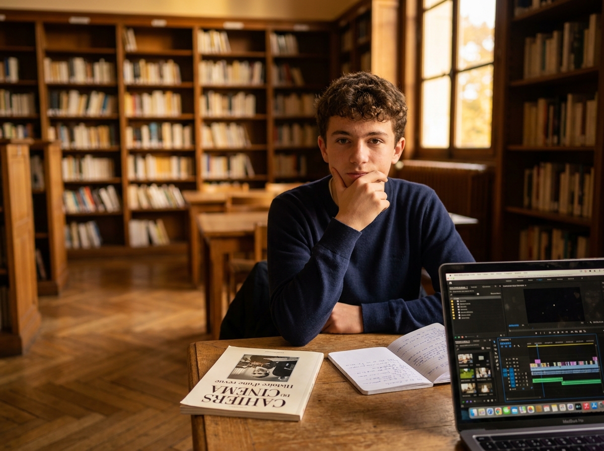 Lycéen étudiant le montage cinématographique dans une bibliothèque de lycée français
