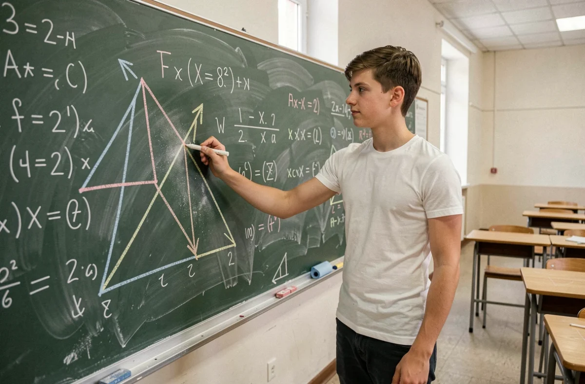 Lycéen dessinant des vecteurs géométriques au tableau noir dans une salle de classe