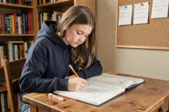 Lycéenne révisant le calcul vectoriel dans un cahier de mathématiques posé sur un bureau en bois