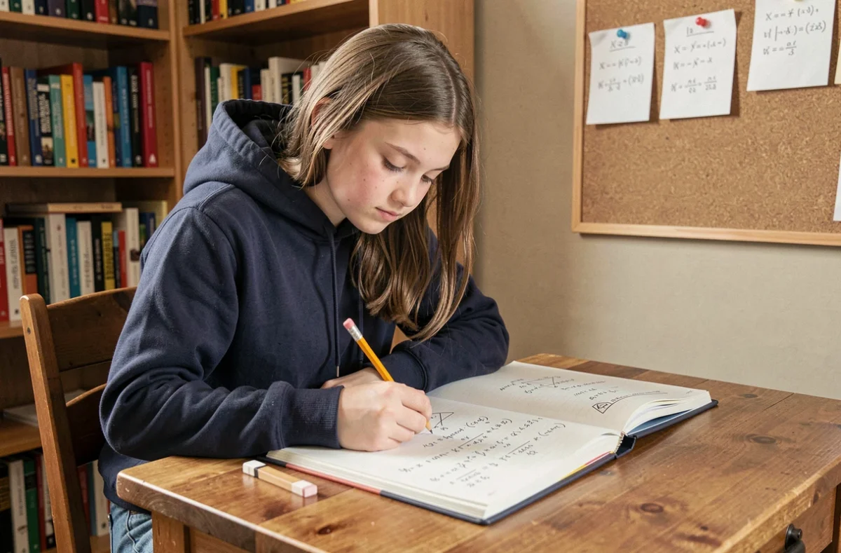 Lycéenne révisant le calcul vectoriel dans un cahier de mathématiques posé sur un bureau en bois