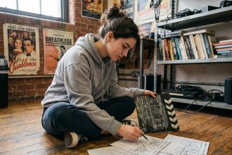 Lycéenne passionnée de cinéma révisant ses storyboards dans un atelier d'école de film