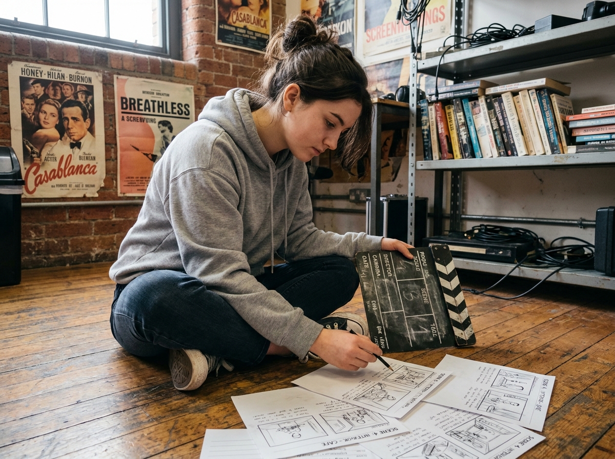 Lycéenne passionnée de cinéma révisant ses storyboards dans un atelier d'école de film