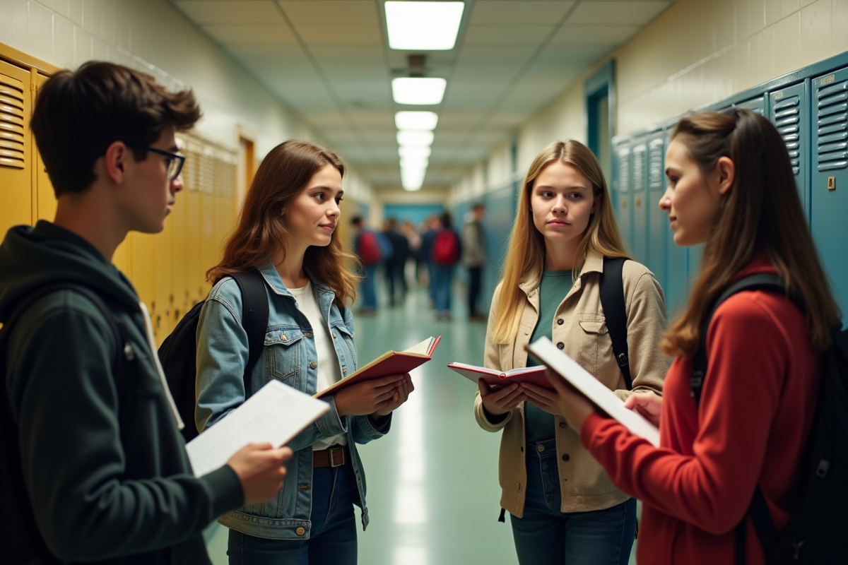 Groupe de lycéens discutant dans le couloir scolaire