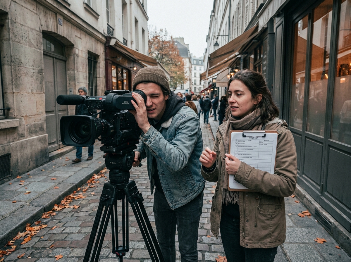Deux lycéens filmant en extérieur dans une rue parisienne avec une caméra vidéo professionnelle