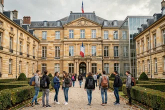 Vue d'ensemble d'un lycée du Val-de-Marne avec des élèves traversant une cour intérieure en automne