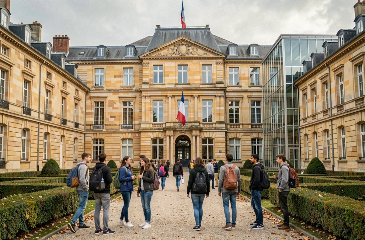 Vue d'ensemble d'un lycée du Val-de-Marne avec des élèves traversant une cour intérieure en automne