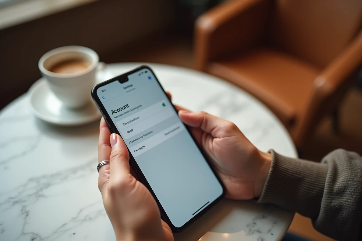 Mains tenant un smartphone affichant les étapes de changement d'adresse mail dans un espace inscrit