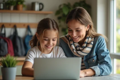 Maman et fille souriantes devant un ordinateur dans la cuisine