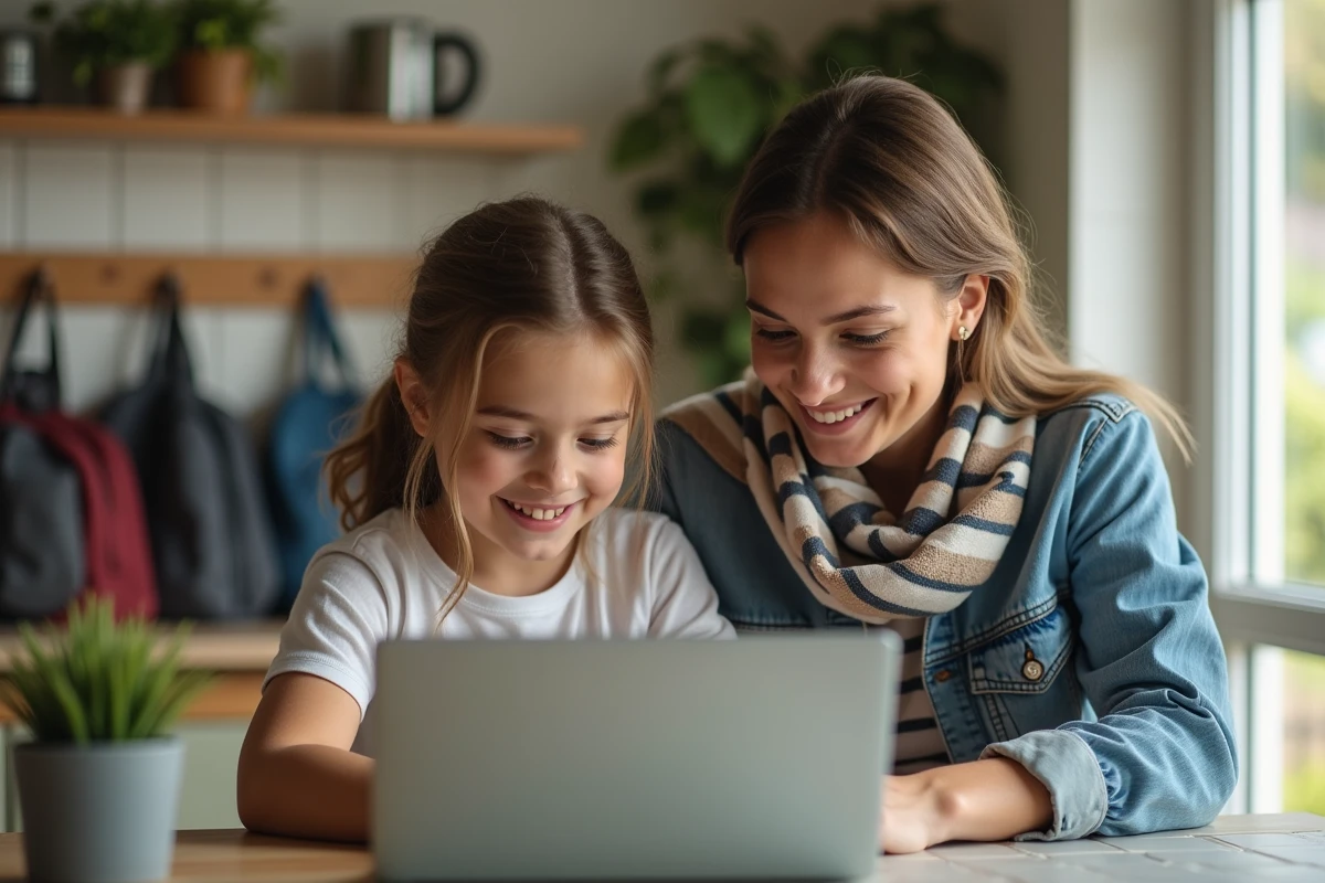 Maman et fille souriantes devant un ordinateur dans la cuisine
