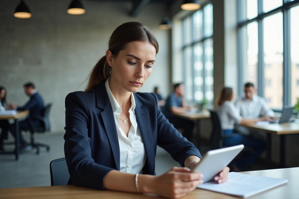 Manager femme en blazer marine consultant une tablette dans un bureau moderne pour développer son leadership