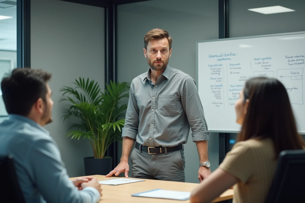 Manager homme animant une réunion d'équipe dans une salle de réunion vitrée pour renforcer son leadership