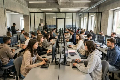 Des étudiants en informatique travaillent sur des ordinateurs dans une salle de cours moderne d'une école du Pas-de-Calais