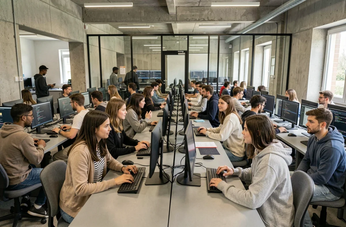 Des étudiants en informatique travaillent sur des ordinateurs dans une salle de cours moderne d'une école du Pas-de-Calais