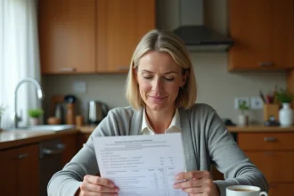 Mère attentive calculant la moyenne avec coefficients sur un bulletin scolaire à table