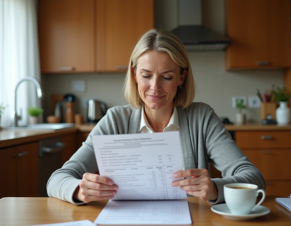 Mère attentive calculant la moyenne avec coefficients sur un bulletin scolaire à table