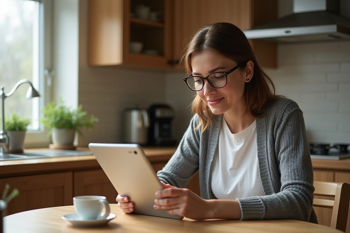 Mère consultant l'application Paris Classe Numérique sur une tablette dans sa cuisine pour suivre les devoirs de son enfant