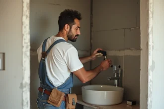 Ouvrier du bâtiment sans papiers apprenant le métier de carreleur dans un chantier de rénovation résidentielle