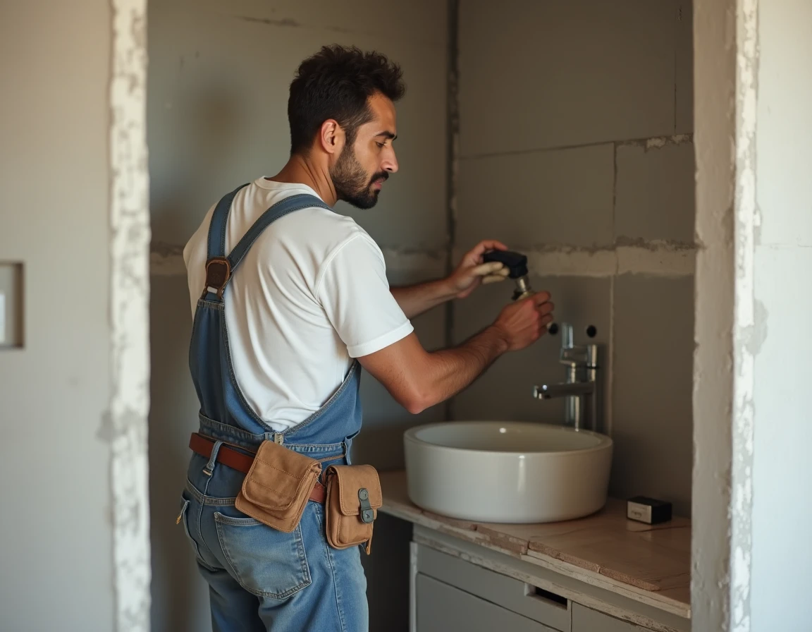 Ouvrier du bâtiment sans papiers apprenant le métier de carreleur dans un chantier de rénovation résidentielle