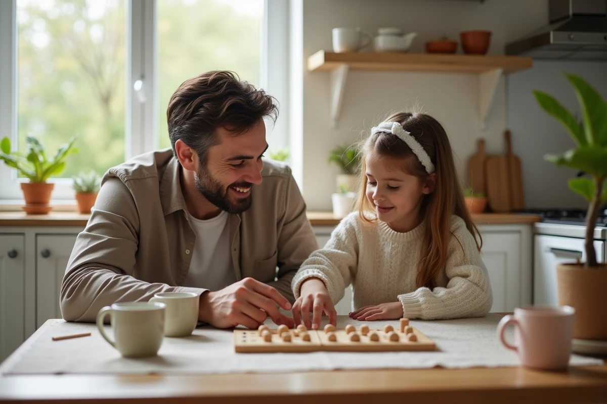 Père et fille travaillant sur un tableau Montessori à la maison