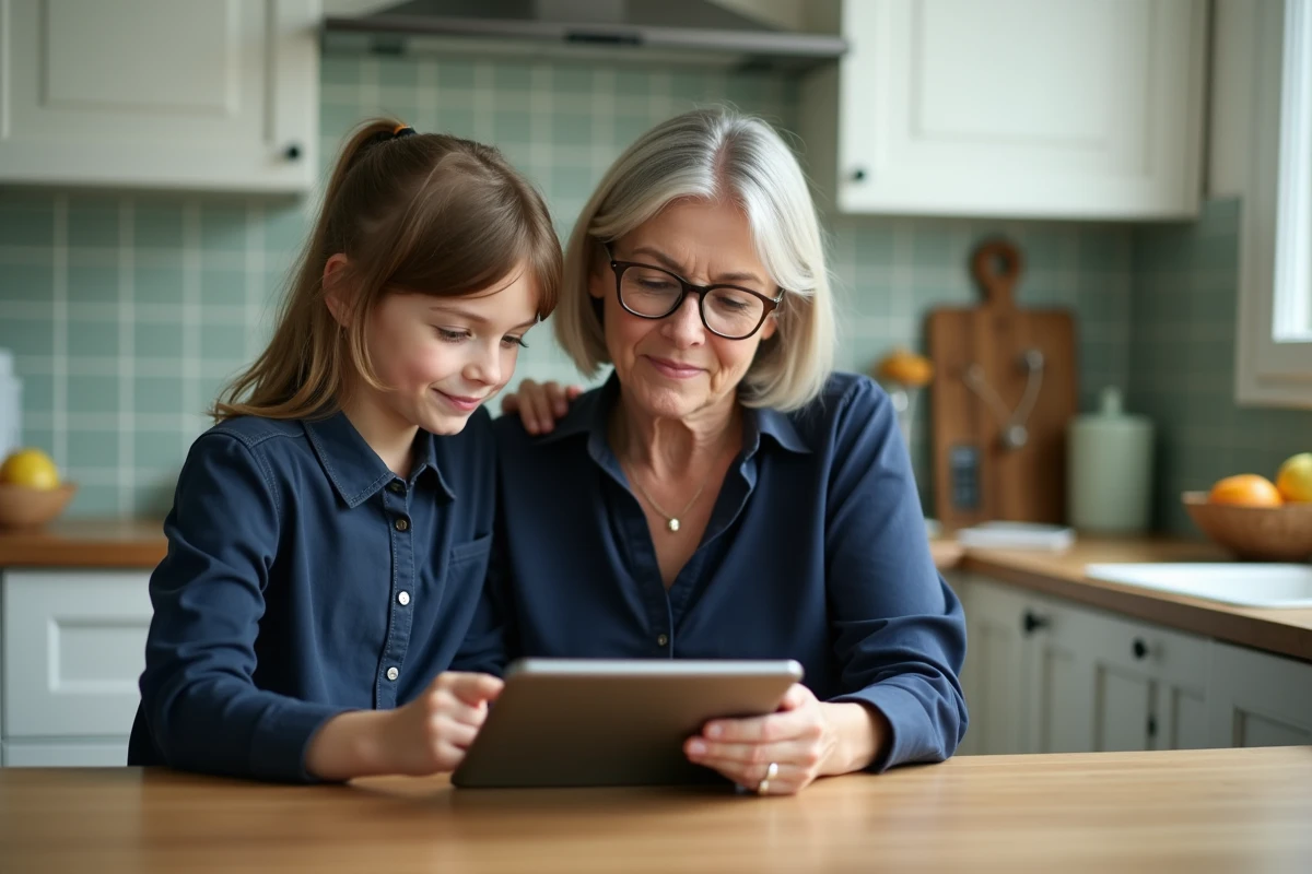 Mère aidant son enfant à se connecter à OZE 92 sur une tablette dans la cuisine familiale
