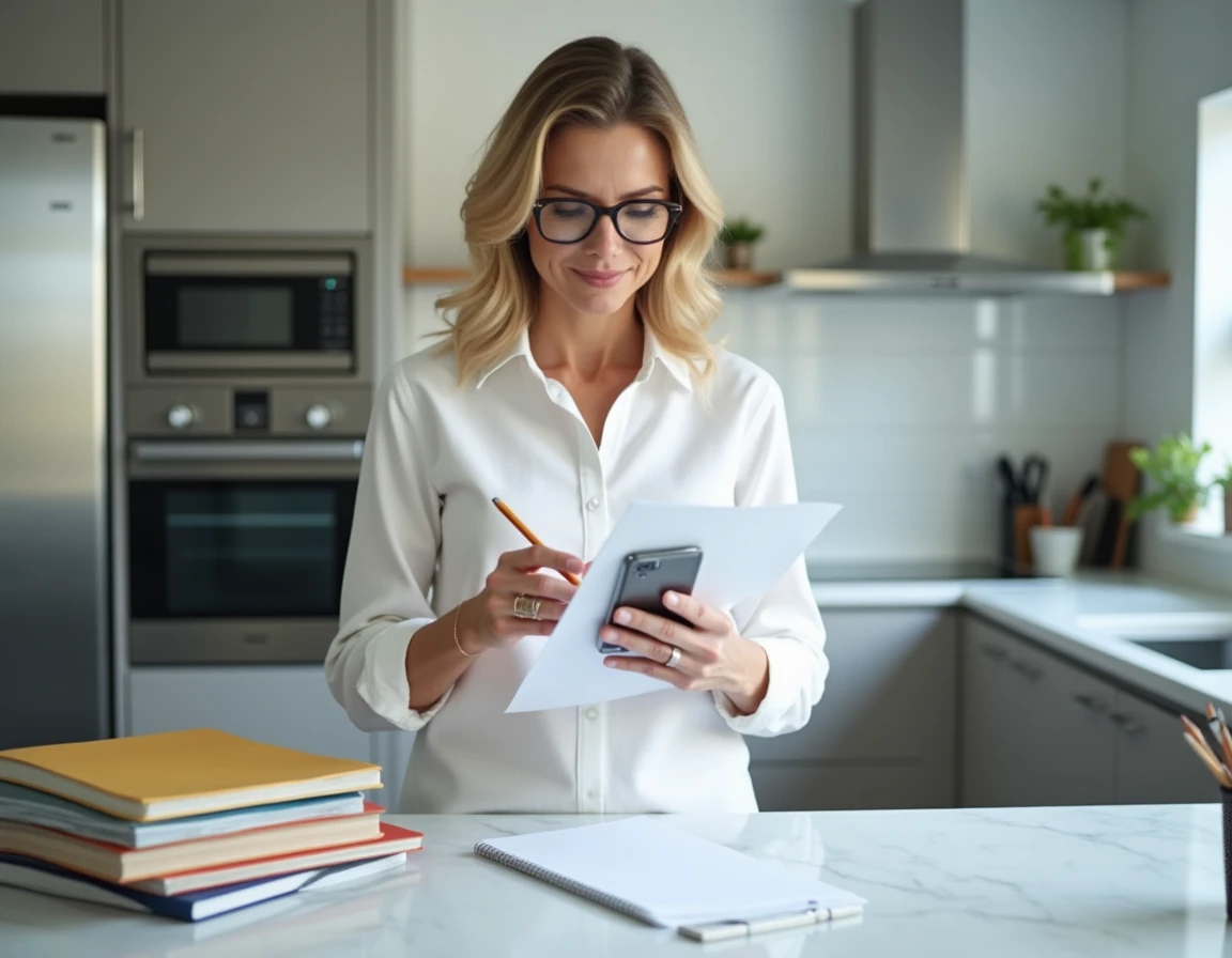 Femme consultant un bulletin scolaire papier et une application mobile de calcul de moyenne