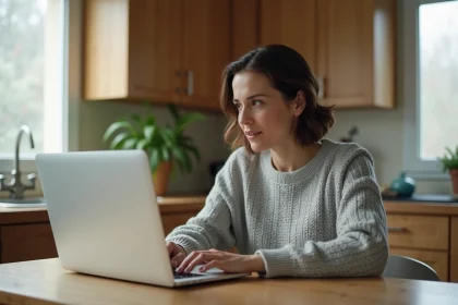 Mère consultant le portail scolaire mycampus eduservices sur un ordinateur portable dans sa cuisine