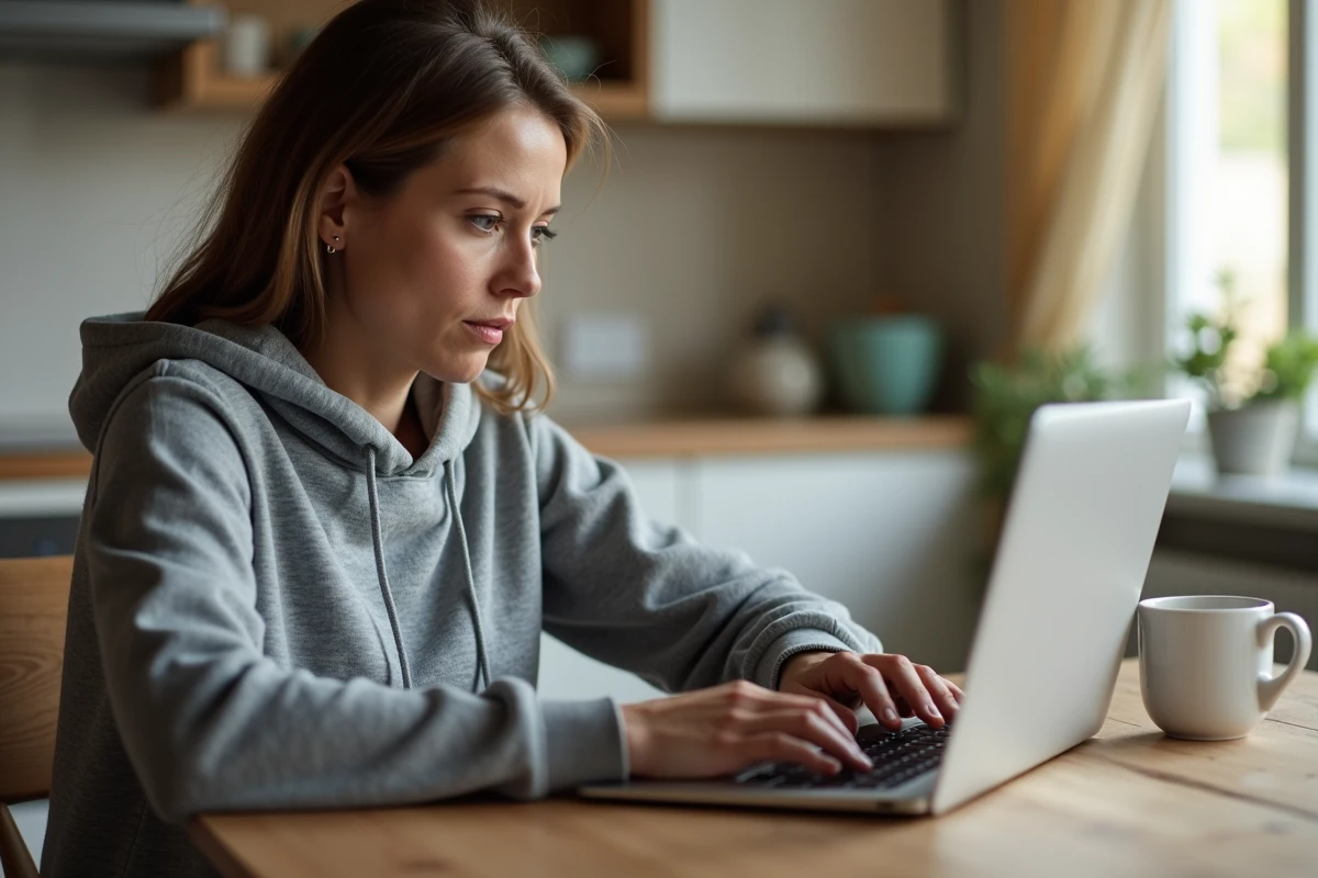 Mère de famille paramétrant les notifications Edu Normandie sur son ordinateur portable à la maison