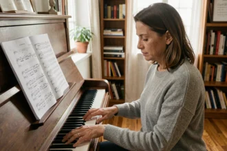 Femme adulte jouant du piano en lisant une partition de clé de FA imprimée sur un pupitre, dans une salle de musique chaleureuse à la maison