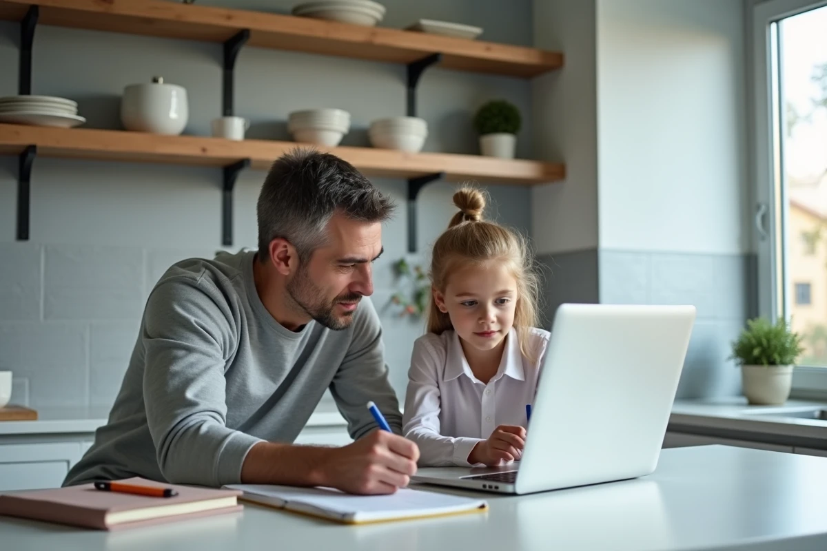 Père et fille comparant un cahier scolaire papier et l'interface numérique Paris Classe Numérique sur un ordinateur portable
