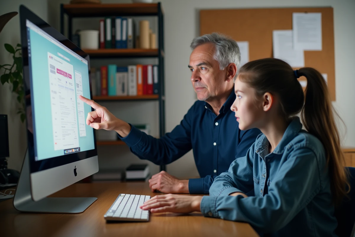Père et adolescente vérifiant ensemble les résultats scolaires sur le portail éducatif en ligne