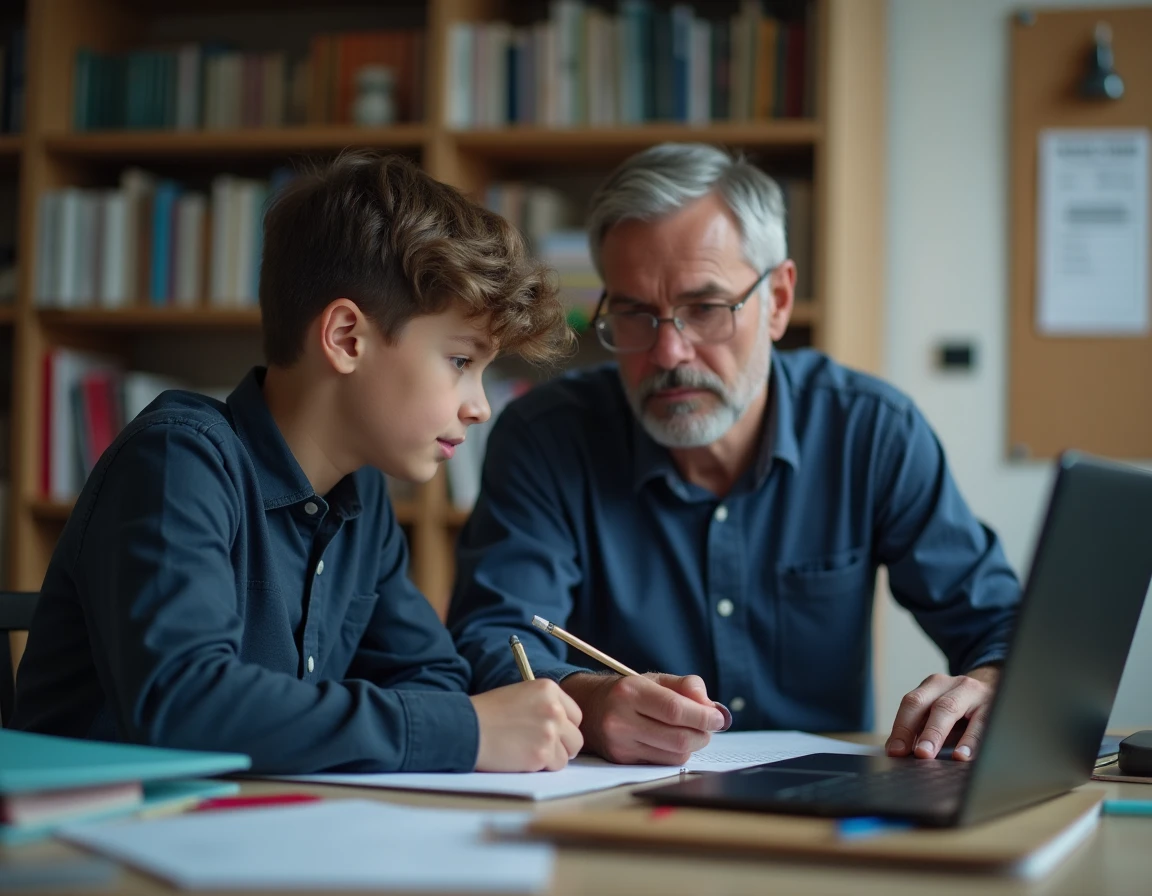 Père et fils adolescent analysant ensemble les notes et coefficients sur ordinateur