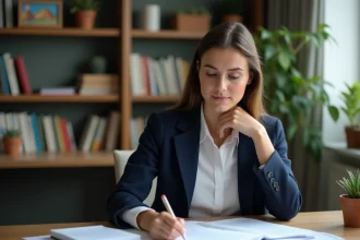 Jeune femme préparant son entretien d'admission en révisant ses notes dans un bureau à domicile organisé