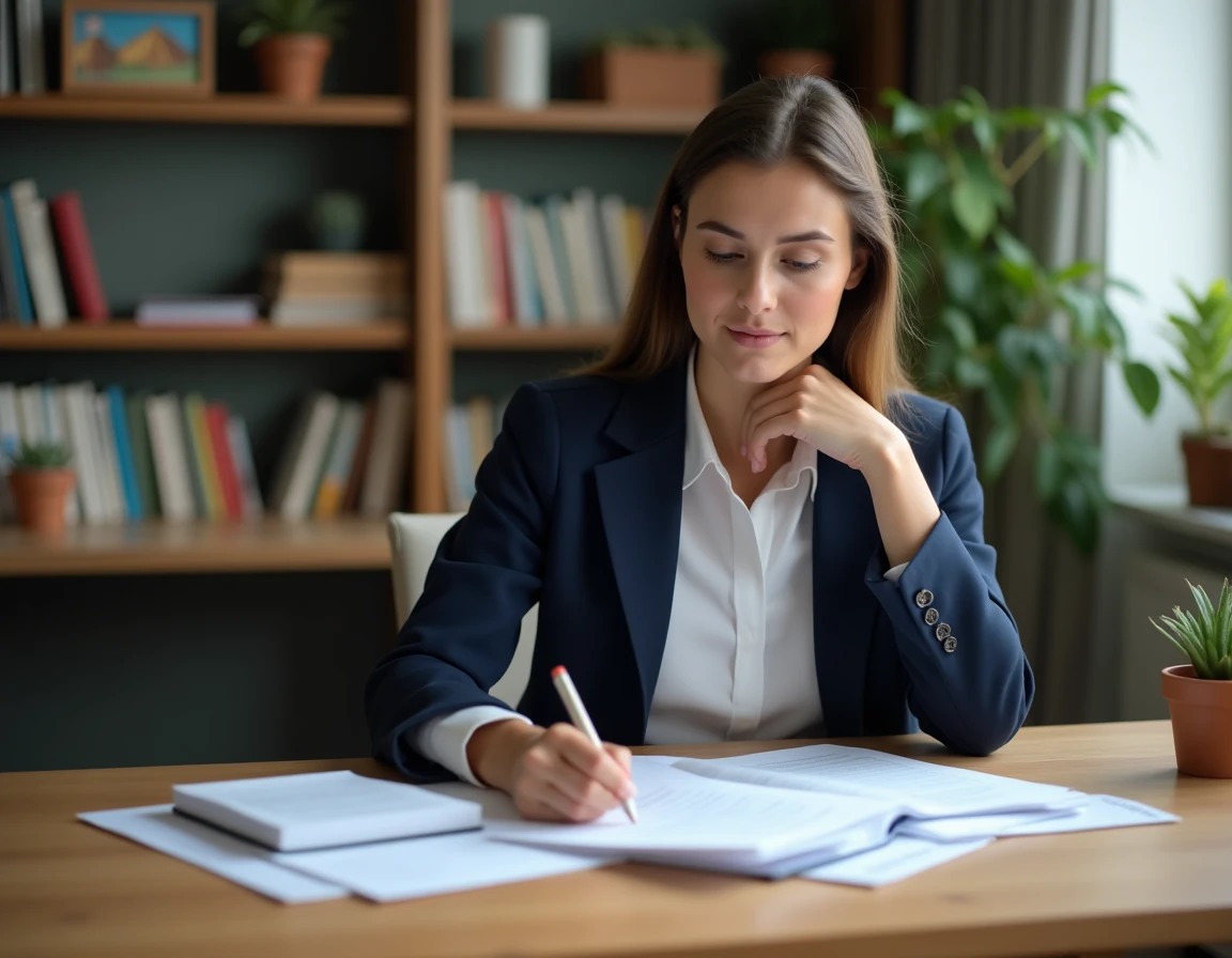 Jeune femme préparant son entretien d'admission en révisant ses notes dans un bureau à domicile organisé