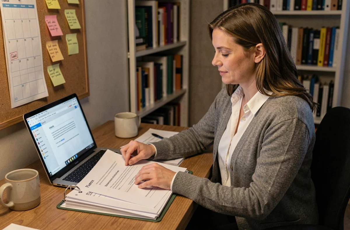 Enseignante préparant et classant des fiches de lecture Fluence clés en main à son bureau à domicile