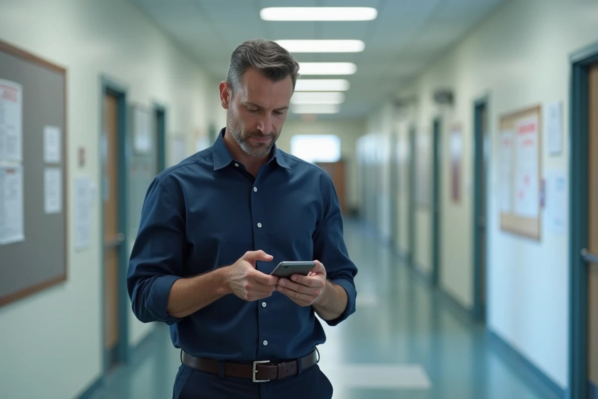 Professeur masculin utilisant IProf sur mobile dans un couloir d'école, consultation rapide de l'espace numérique Versailles