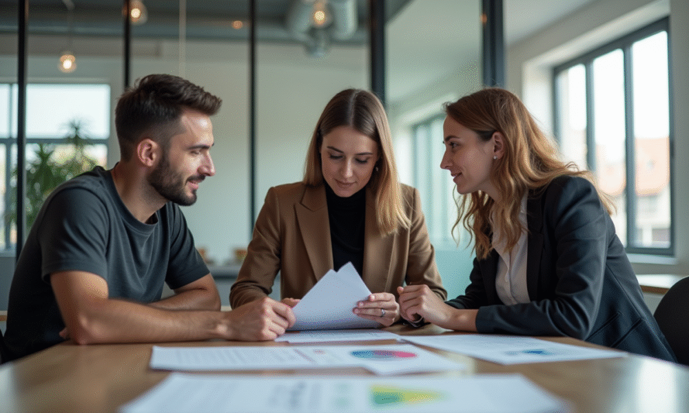Trois professionnels divers discutant autour d'une table moderne