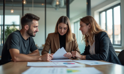 Trois professionnels divers discutant autour d'une table moderne