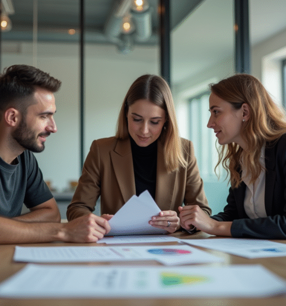 Trois professionnels divers discutant autour d'une table moderne