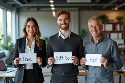 Trois professionnels avec signes sur le thème des S dans un bureau moderne