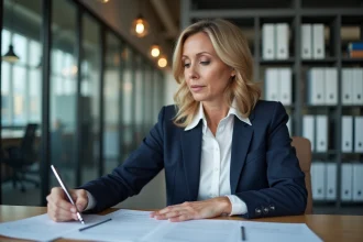 Recruteuse professionnelle en blazer marine analysant des documents de candidature lors d'un exercice de recrutement scolaire