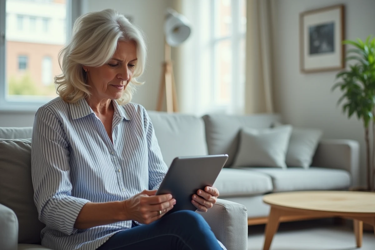 Responsable légale utilisant une tablette pour suivre la scolarité de son enfant via un espace numérique parent