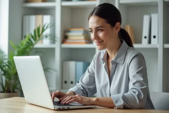 Femme retrouvant rapidement ses documents sur une plateforme en ligne depuis son bureau à domicile